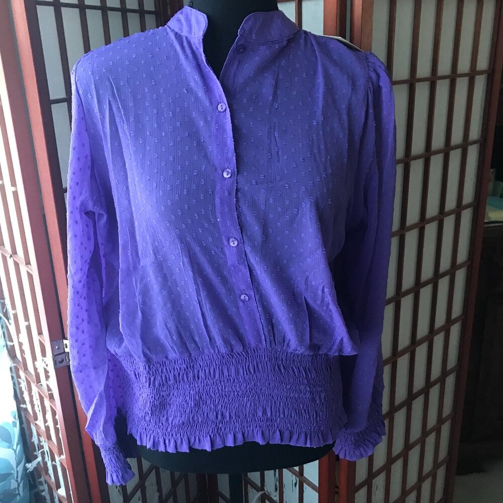 Junior Plus Size Purple Mesh Polka Dot Balloon Sleeve Button-Down Blouse 1X NWT